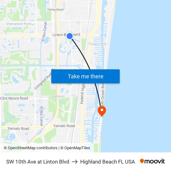 SW 10th Ave at Linton Blvd to Highland Beach FL USA map