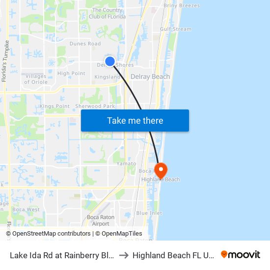 Lake Ida Rd at  Rainberry Blvd to Highland Beach FL USA map