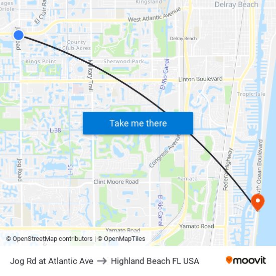 Jog Rd at Atlantic Ave to Highland Beach FL USA map