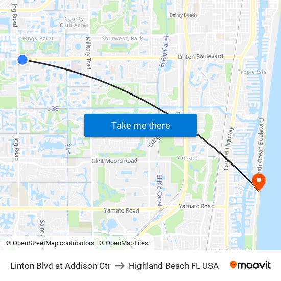 Linton Blvd at Addison Ctr to Highland Beach FL USA map