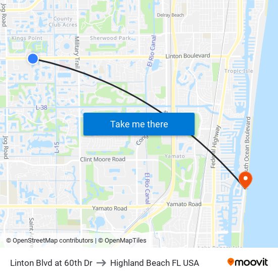 Linton Blvd at 60th Dr to Highland Beach FL USA map