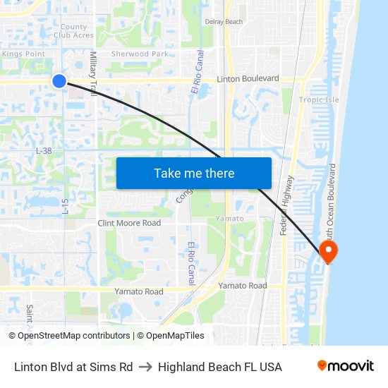 Linton Blvd at Sims Rd to Highland Beach FL USA map