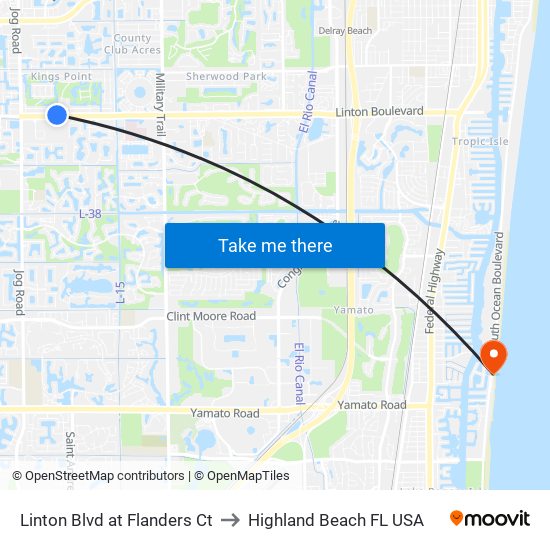 Linton Blvd at Flanders Ct to Highland Beach FL USA map