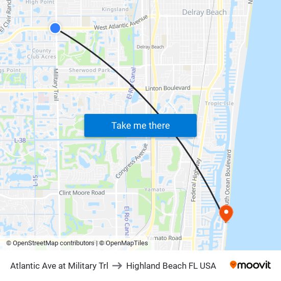 Atlantic Ave at Military Trl to Highland Beach FL USA map