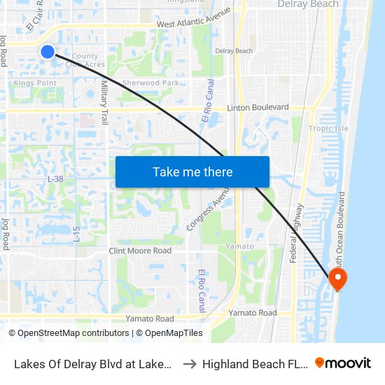 Lakes Of Delray Blvd at  Lakes Of De to Highland Beach FL USA map