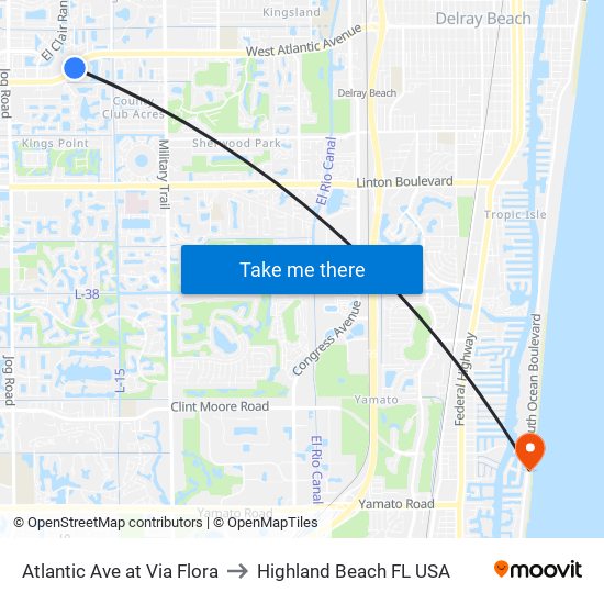 Atlantic Ave at Via Flora to Highland Beach FL USA map