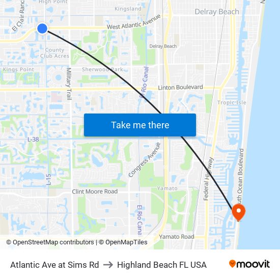 Atlantic Ave at Sims Rd to Highland Beach FL USA map