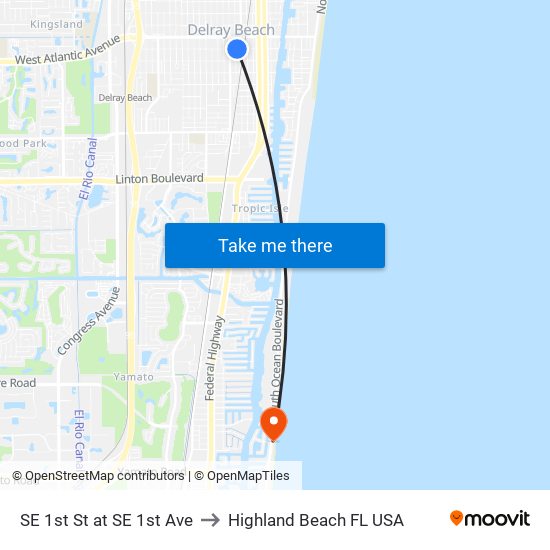 SE 1ST ST at SE 1ST AVE to Highland Beach FL USA map