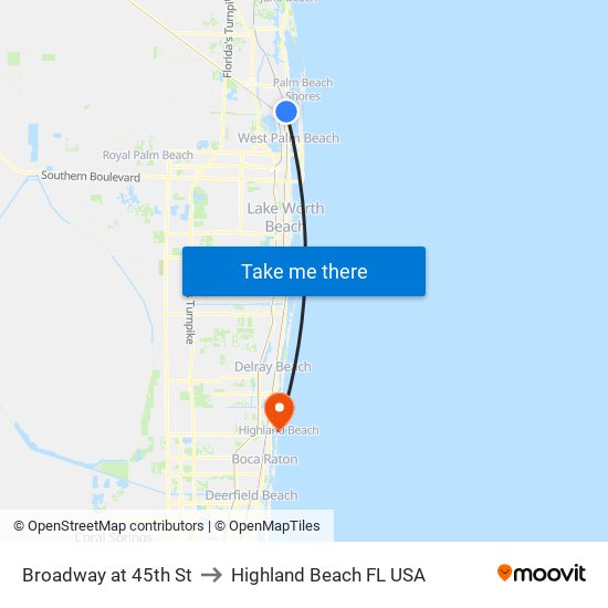 Broadway at 45th St to Highland Beach FL USA map