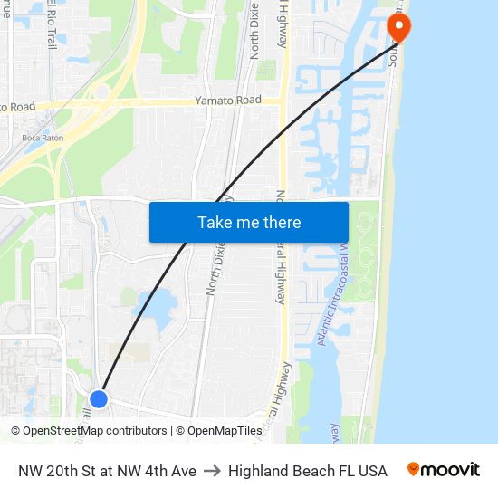 NW 20th St at NW 4th Ave to Highland Beach FL USA map