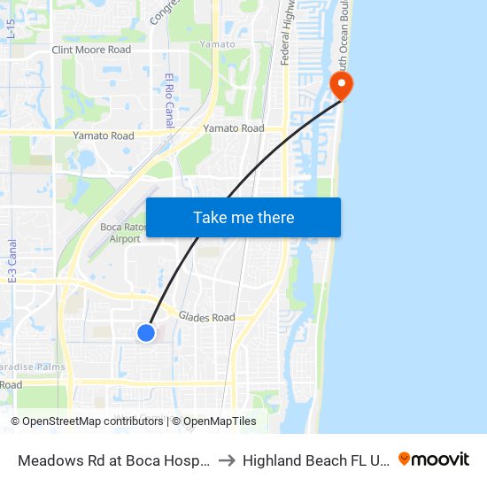 Meadows Rd at Boca Hospital to Highland Beach FL USA map