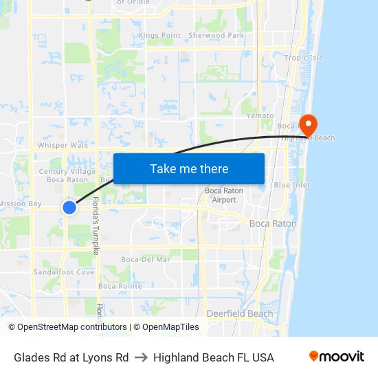 Glades Rd at Lyons Rd to Highland Beach FL USA map