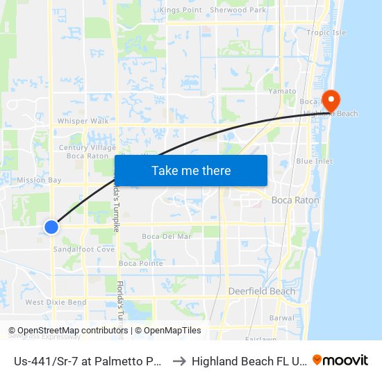 Us-441/Sr-7 at Palmetto Pk Rd to Highland Beach FL USA map