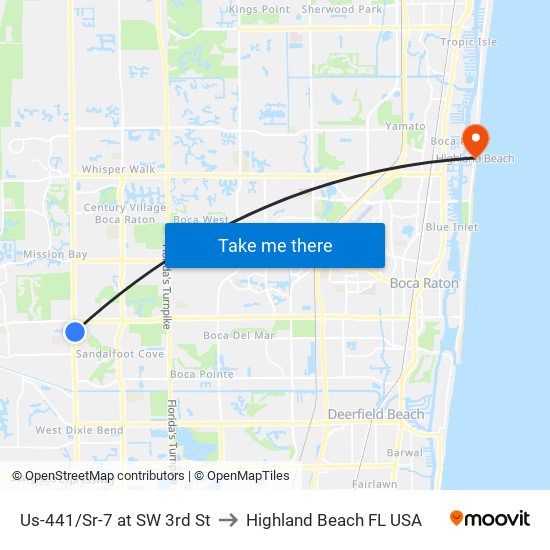 Us-441/Sr-7 at SW 3rd St to Highland Beach FL USA map