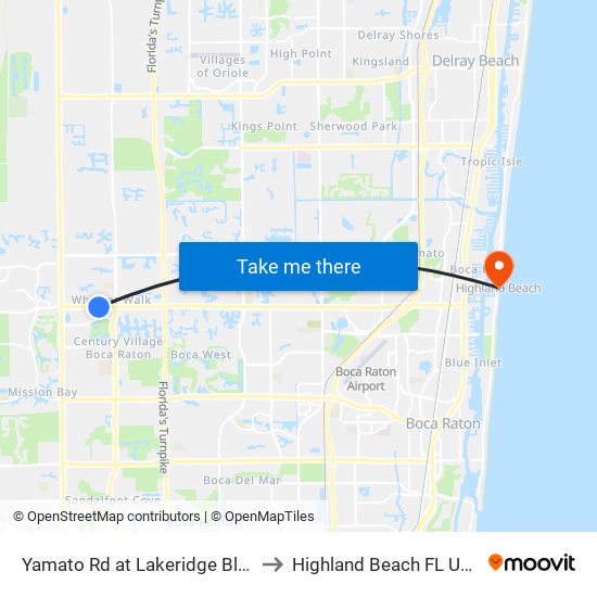 Yamato Rd at Lakeridge Blvd to Highland Beach FL USA map