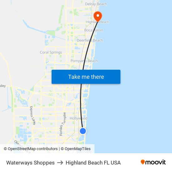 Waterways Shoppes to Highland Beach FL USA map