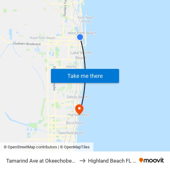 TAMARIND AVE at OKEECHOBEE BLVD to Highland Beach FL USA map