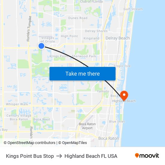 Kings Point Bus Stop to Highland Beach FL USA map