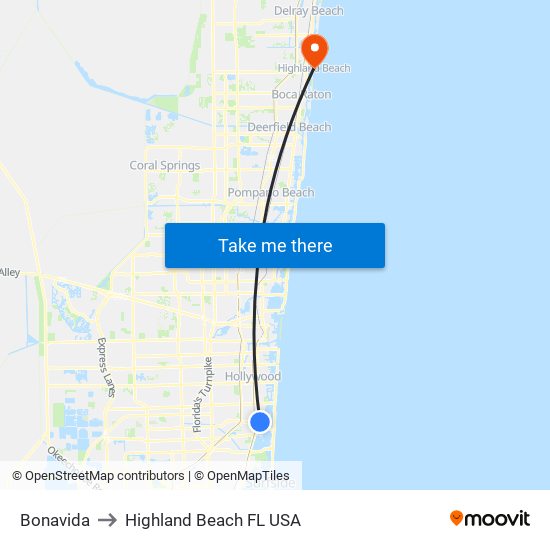 Bonavida to Highland Beach FL USA map
