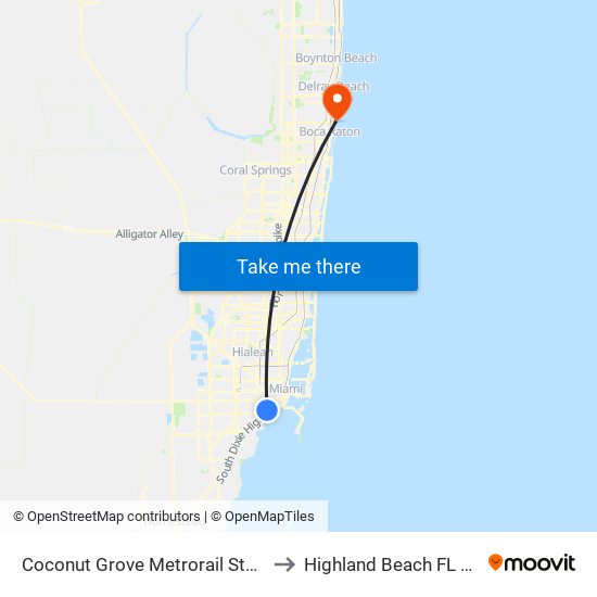 Coconut Grove Metrorail Station to Highland Beach FL USA map