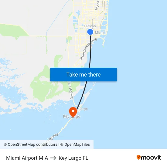 Miami Airport MIA to Key Largo FL map