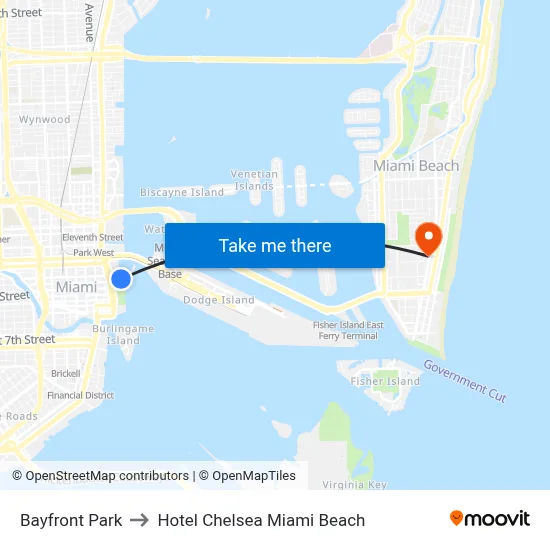 Bayfront Park to Hotel Chelsea Miami Beach map