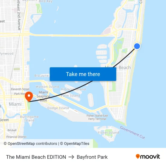 The Miami Beach EDITION to Bayfront Park map