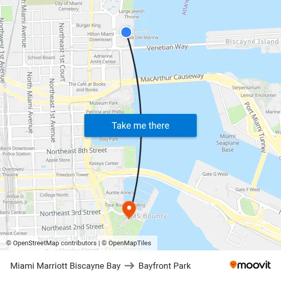 Miami Marriott Biscayne Bay to Bayfront Park map