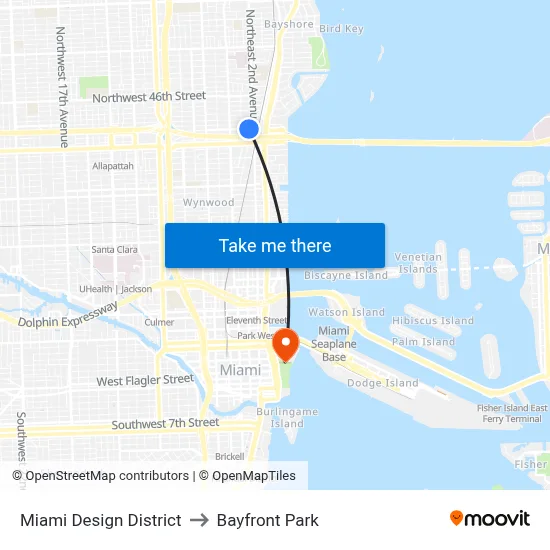 Miami Design District to Bayfront Park map