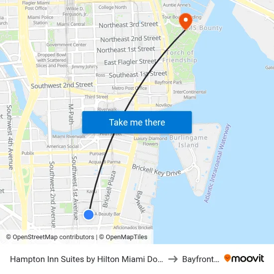 Hampton Inn Suites by Hilton Miami Downtown Brickell to Bayfront Park map