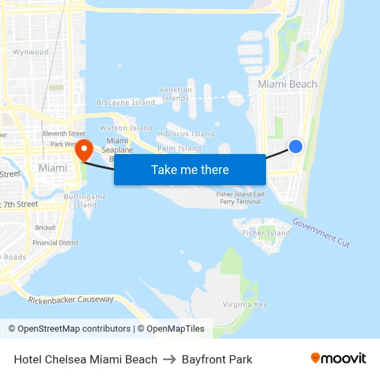 Hotel Chelsea Miami Beach to Bayfront Park map