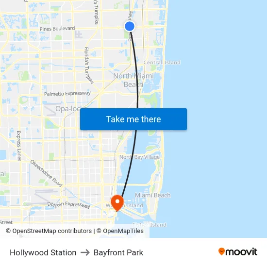 Hollywood Station to Bayfront Park map