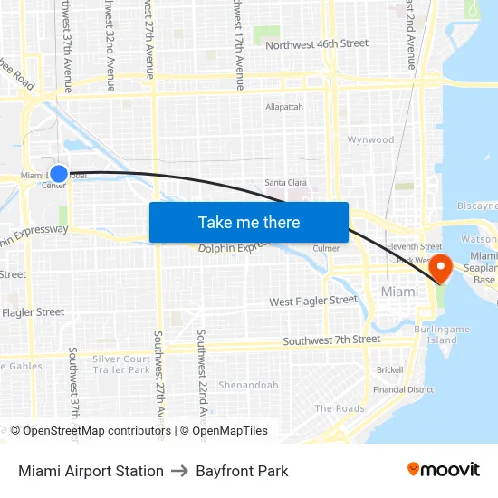 Miami Airport Station to Bayfront Park map