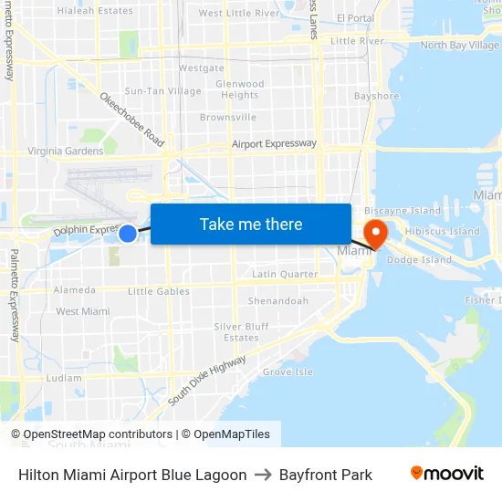 Hilton Miami Airport Blue Lagoon to Bayfront Park map