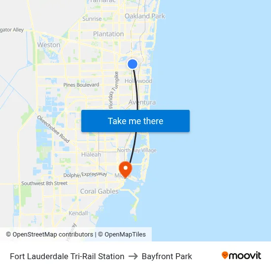 Fort Lauderdale Tri-Rail Station to Bayfront Park map