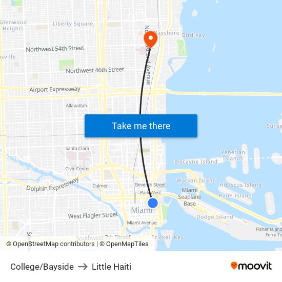 College/Bayside to Little Haiti map