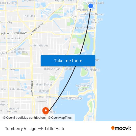 Turnberry Village to Little Haiti map