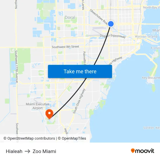 Hialeah to Zoo Miami map