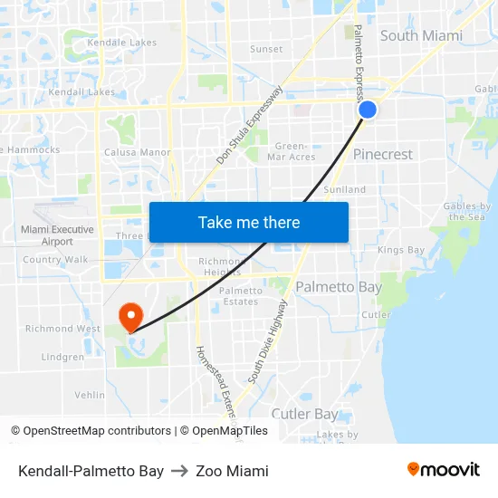 Kendall-Palmetto Bay to Zoo Miami map
