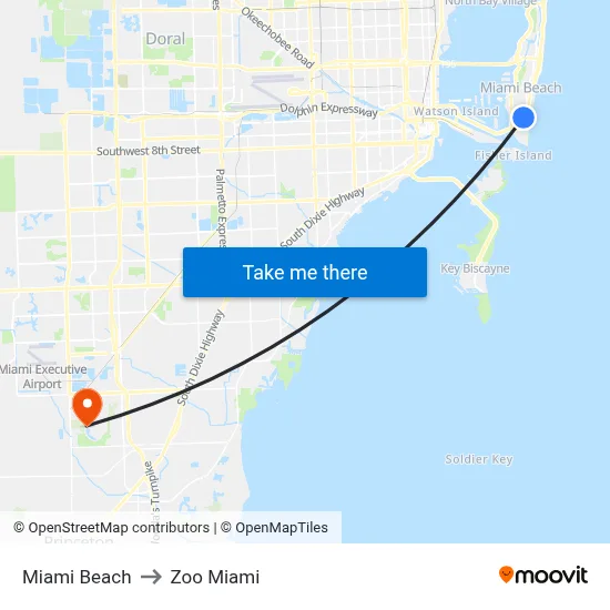 Miami Beach to Zoo Miami map