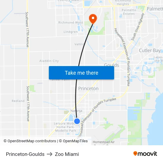 Princeton-Goulds to Zoo Miami map