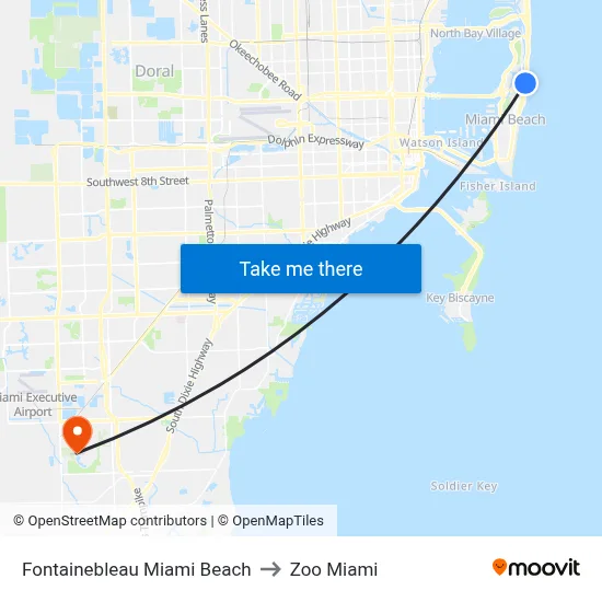 Fontainebleau Miami Beach to Zoo Miami map