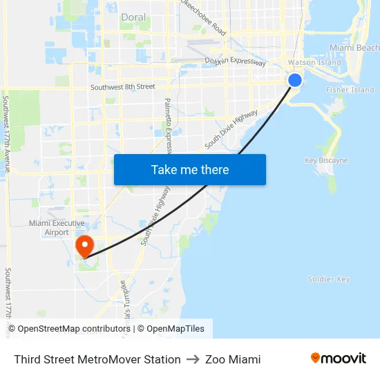 Third Street MetroMover Station to Zoo Miami map