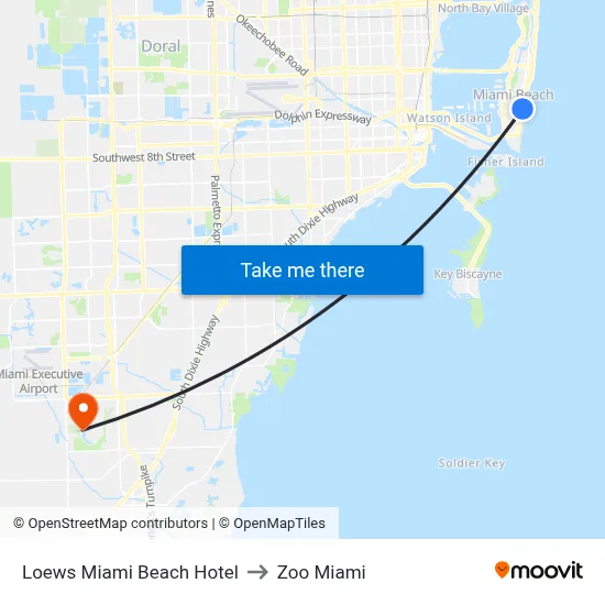Loews Miami Beach Hotel to Zoo Miami map