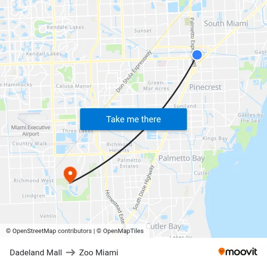 Dadeland Mall to Zoo Miami map