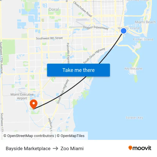 Bayside Marketplace to Zoo Miami map