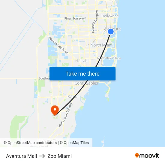 Aventura Mall to Zoo Miami map