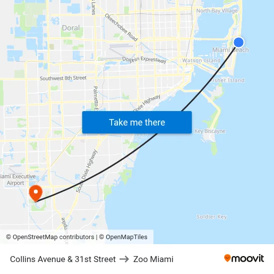 Collins Avenue & 31st Street to Zoo Miami map