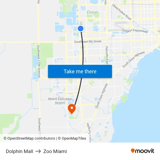 Dolphin Mall to Zoo Miami map