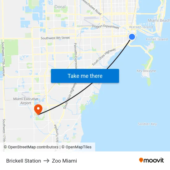Brickell Station to Zoo Miami map